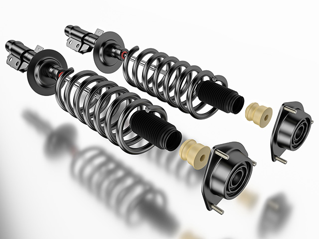 3D rendering. Passenger car Shock Absorber with dust cap, buffer mounting and strut mounting